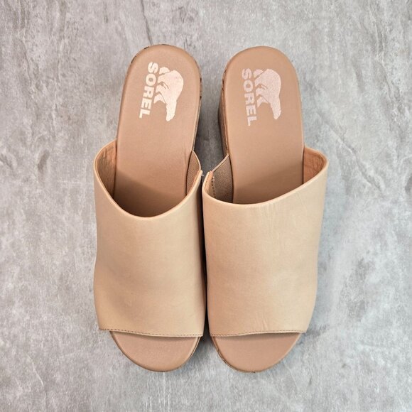 Sorel Platform Sandals Size 10.5 Tan Leather Open Toe Chunky Cork Wedge Slides - Picture 2 of 10